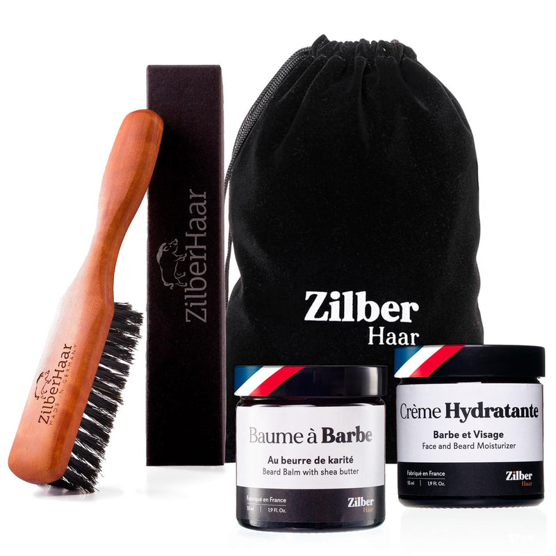 [Australia] - ZilberHaar - Beard care set for men - 1 regular beard brush + 1 beard balm + 1 moisturizer - hard boar bristles - velvet bag 