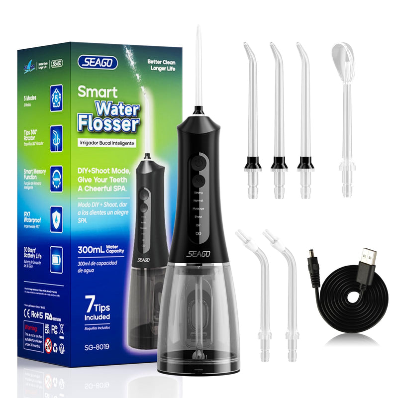 [Australia] - Oral Irrigator Wireless, SEAGO Portable Water Flosser Electric Tooth Cleaner 5 Modes & 7 Nozzles, 300ML Water Tank Interdental Space Cleaner Oral Irrigator Test Winner IPX7 Waterproof Dental Irrigator for Travel & Home Black 