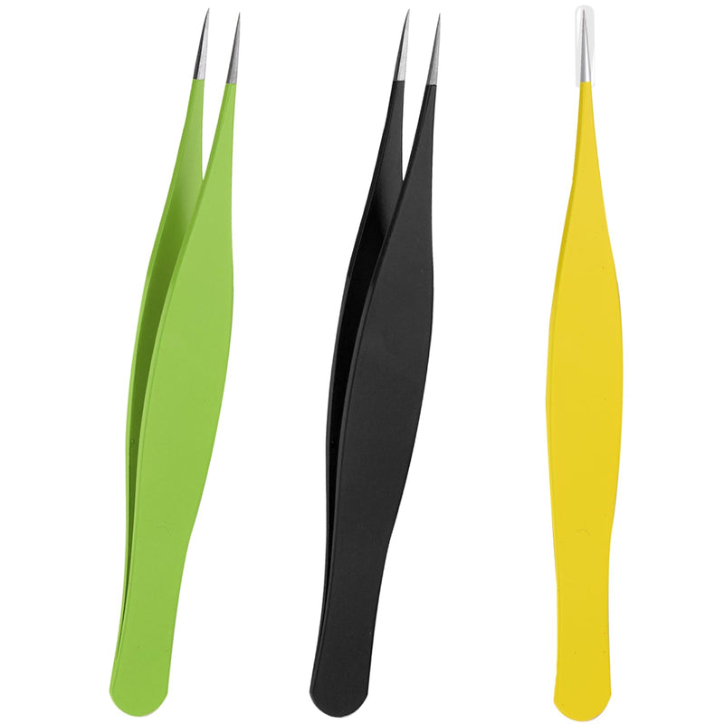 [Australia] - Prasacco Pack of 3 Tweezers, 3 Colors Tweezers Made of Stainless Steel Tweezers for Ingrown Hairs Stainless Steel Eyebrow Tweezers Pointed Precision Tweezers for Eyelash Extensions (Black, Yellow, Green) 