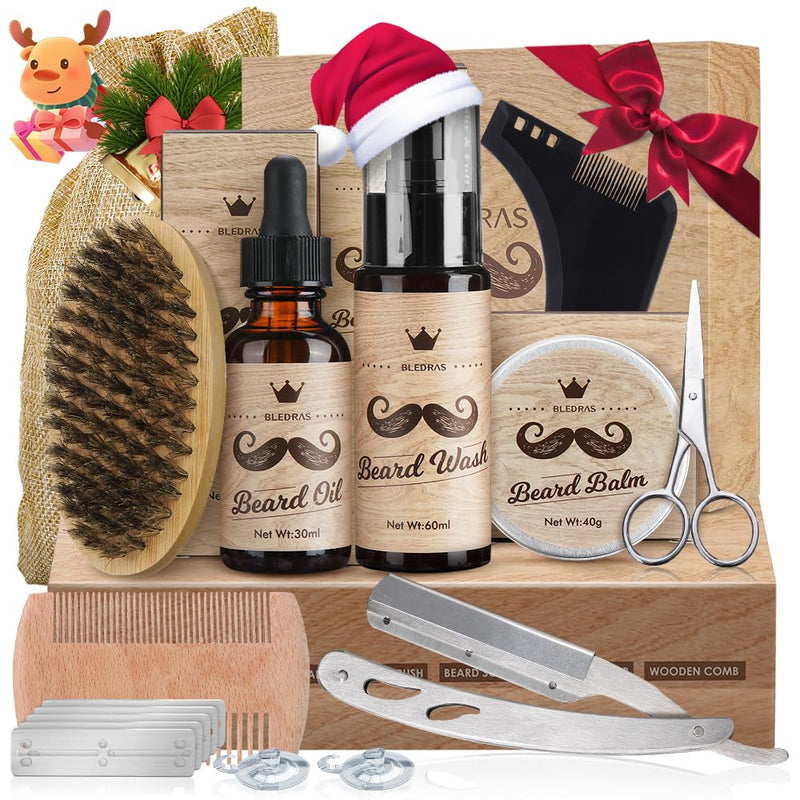 [Australia] - Beard care set for men, Bledras 10 in 1 beard care gift set with beard shampoo, beard oil, beard balm, beard comb, beard brush, beard scissors, beard stencils, gifts for men 