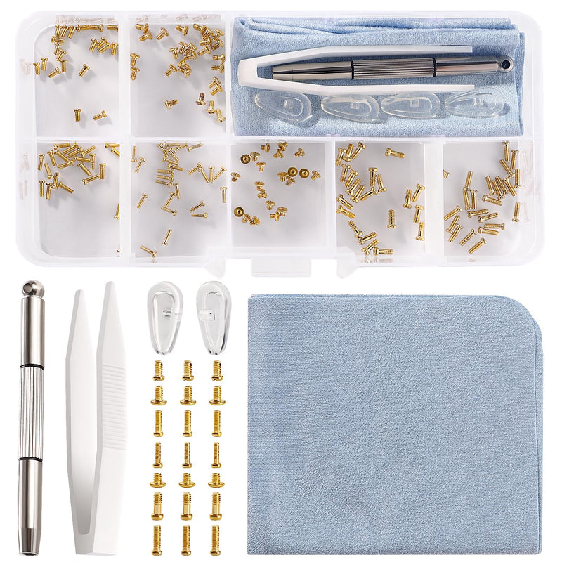 [Australia] - YIXISI 140 pieces glasses sunglasses repair set, glasses repair screw set, glasses repair tool set, with screwdriver, silicone nose pads, tweezers, glasses cleaning cloth, gold screws - gold - 140 pieces 