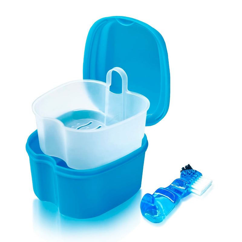 [Australia] - YunSchauen Denture Box Denture Box Retainer Container Storage Box with Hanging Strainer for False Teeth Storage Cleaning Dark Blue Blue 