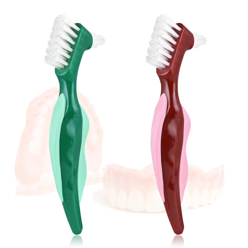 [Australia] - Qianyu 2 pieces hard denture brush, portable denture toothbrush set, double-sided denture brush, denture cleaning brush for dentures, rubber handle, ergonomic for denture care 