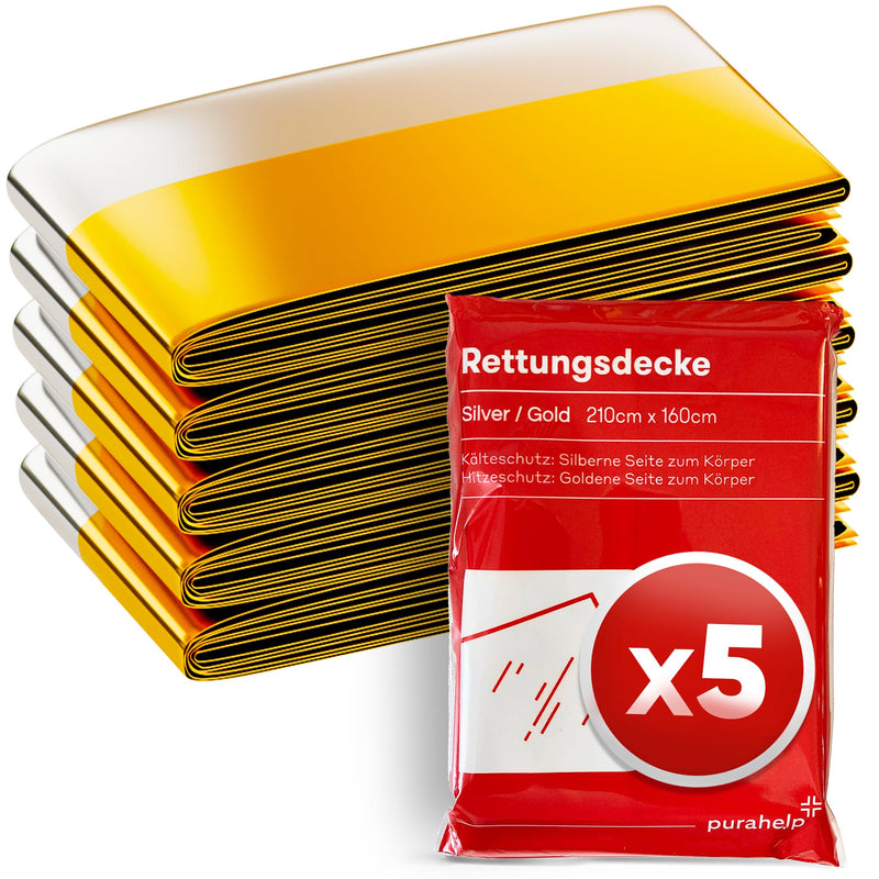 [Australia] - PURAHELP Rescue blanket gold silver for emergencies (5 pieces) - 210 x 160 cm - Weatherproof emergency blanket for first aid and outdoors - Compact rescue blankets for cars, hiking and camping 