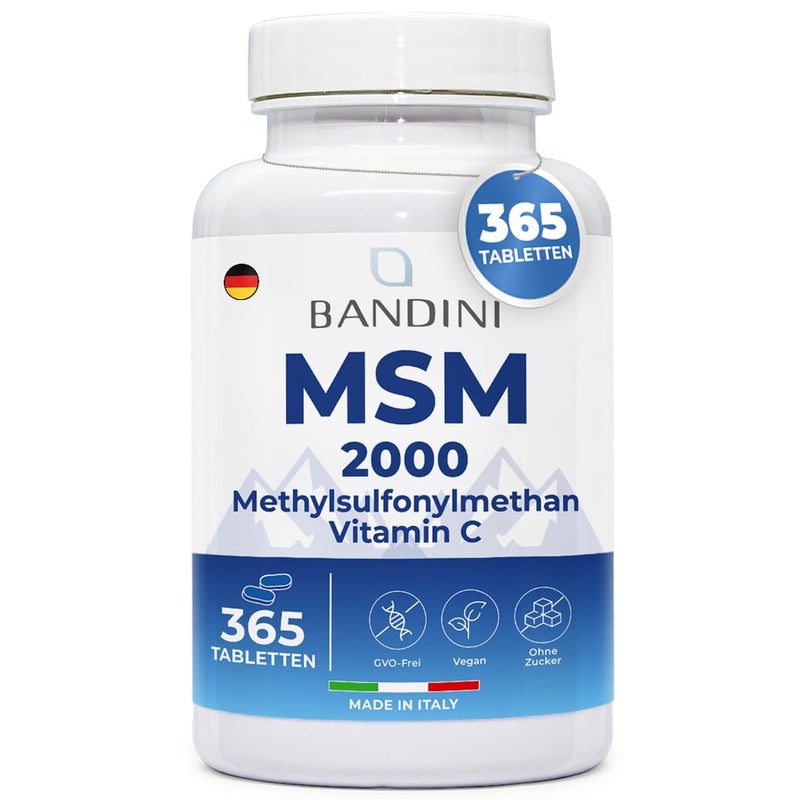 [Australia] - Bandini® MSM 2000 mg + natural vitamin C | 365 tablets instead of capsules (6 months) with methylsulfonylmethane | For hair, skin, joints and nails | Highly dosed, vegan, laboratory tested, without additives 365 pieces (pack of 1) 