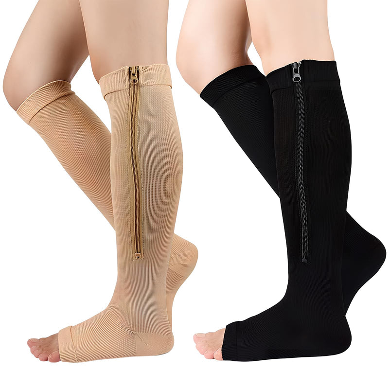 [Australia] - Naapesi 2 Pairs Zip Compression Socks, Zip Compression Socks, Calf Height, Open Toe Support Stockings for Varicose Veins, Edema, Recovery, Pregnant 