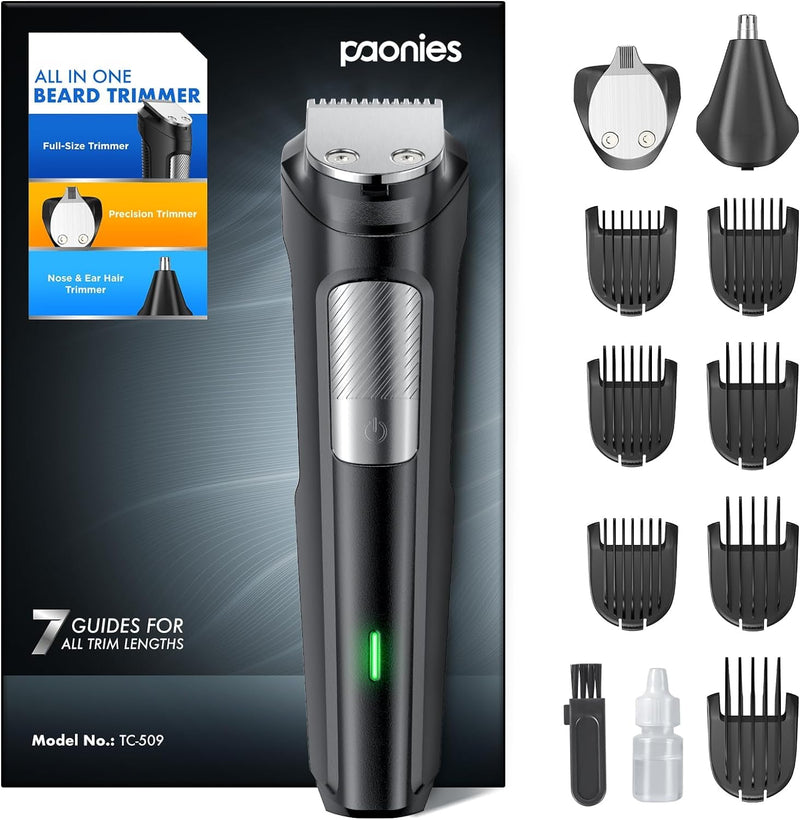 [Australia] - Beard trimmer men's hair trimmer, all-in-1 beard trimmer, nose hair trimmer, wireless, USB rechargeable and waterproof electric razor with 7 attachment combs, ultra-sharp blade TC-509 