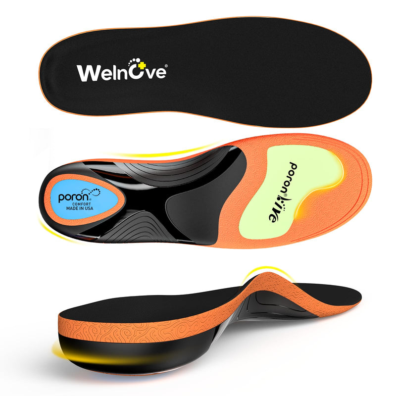 [Australia] - Work Insoles Fatigue Relief High Arch Support, Welnove Plantar Fasciitis Insoles Orthopedic Pain Relief for Long-Term Standing, Flat Feet, 220+ lbs Heavy Duty Men Women (M) Orange M (42-44) 