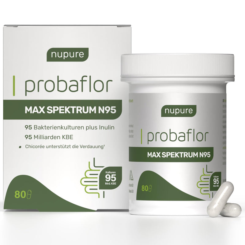 [Australia] - Nupure® Probaflor MAX SPECTRUM N95 600 billion CFU/g, 95 bacterial strains, largest bacterial strain spectrum, with Lactobacillus & Bifidobacteria, 95 billion CFU, enteric-coated, 80 capsules, 80 pieces (pack of 1) 
