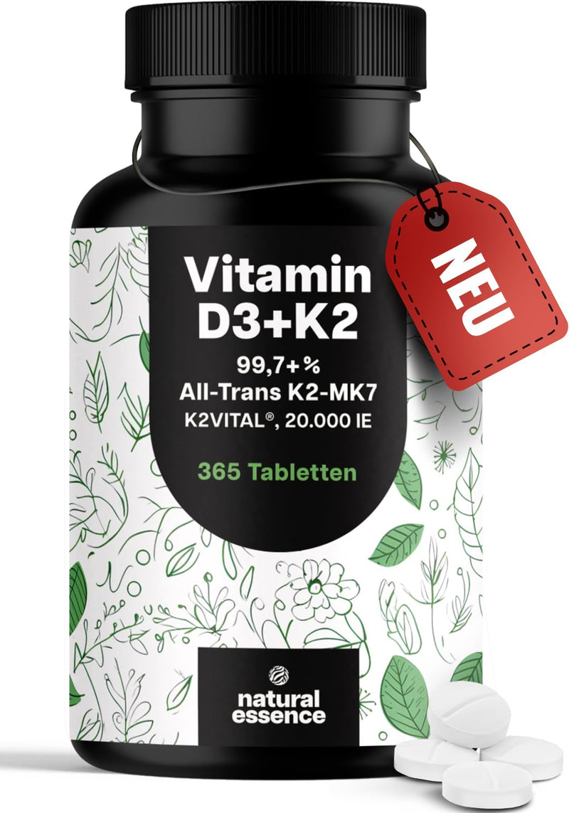 [Australia] - High-dose vitamin D3 K2 - 365 tablets with 20,000 IU - Premium K2Vital® 99.7+% All-Trans K2-MK7 - vitamin D without additives - produced in Germany XXL family pack 