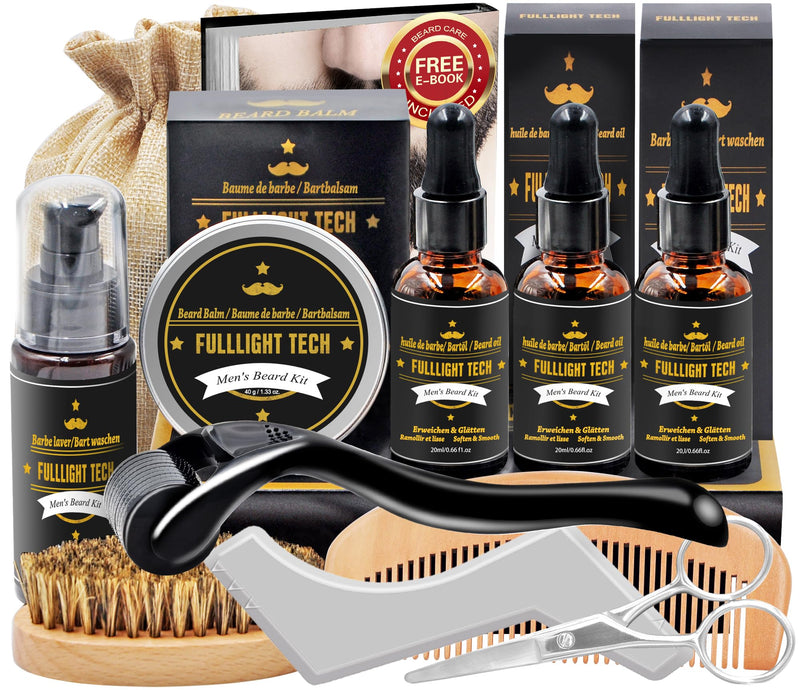 [Australia] - Dad gift Christmas, beard care set for men with beard roller, beard shampoo, 3 beard oil, beard balm, beard comb, beard brush, beard scissors, beard stencils, men's beard care set gift for men Christmas black 