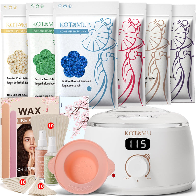 [Australia] - KOTAMU Waxing Set Professional, Digital Wax Warmer for Hot Wax Hair Removal, 600g Wax, 44 Accessories, Silicone Bowl and Rod, Use in the Home Salon for Women and Men Plus Wax Kit 100g (Pack of 6) 