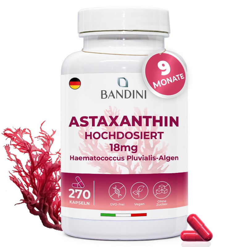 [Australia] - Bandini® Pure Astaxanthin 18 mg per capsule, 270 capsules (9 month supply), Algae Haematococcus Pluvialis - Natural Astaxanthin, free from magnesium stearate, GMO free 