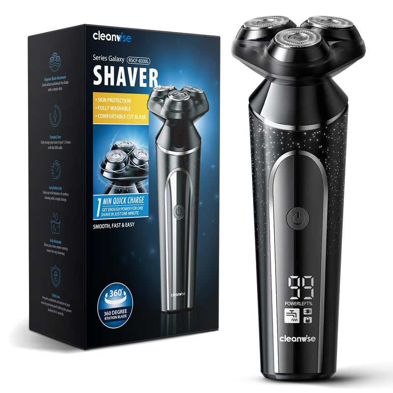 [Australia] - Men's electric razor, men's electric razor, 3D shaving beard trimmer, wet and dry razor, magnetic shaving heads, IPX7 waterproof electric razor, USB-C, 90 min runtime starry sky black 
