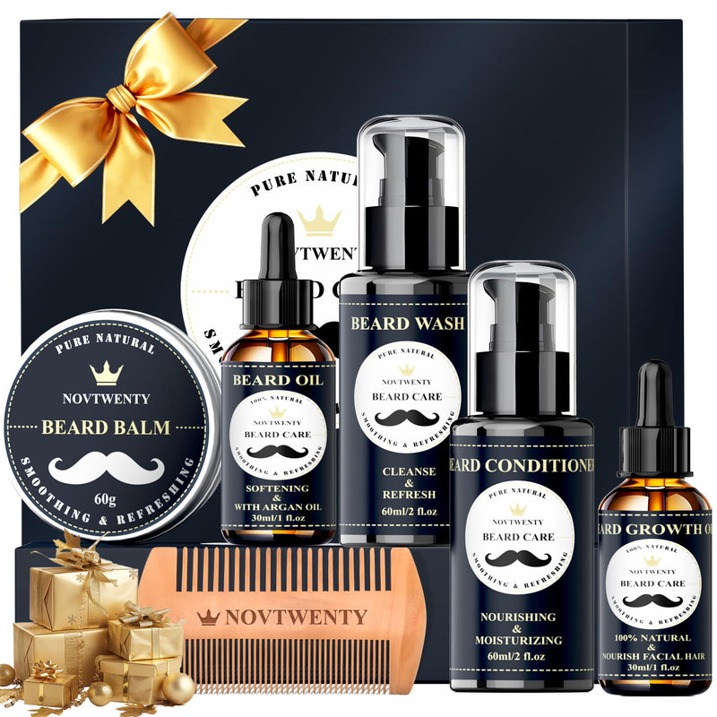 [Australia] - NOVTWENTY Beard Growth Set - 7-piece beard care set for men, including beard wash, beard oil and beard growth oil, beard conditioner, beard balm, beard comb, gift box set for boyfriend, husband, father 