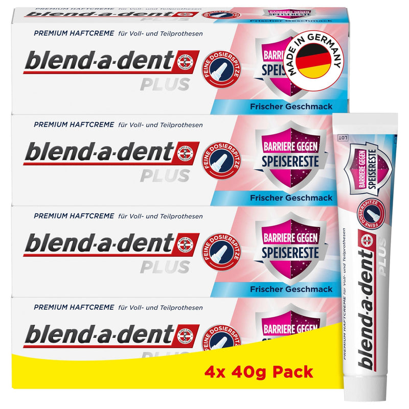 [Australia] - Blend-a-dent Plus Barrier Against Food Remains Premium Adhesive Cream Fresh, for full and partial dentures, fresh mint flavor, Made in Germany, 4x 40g pack 