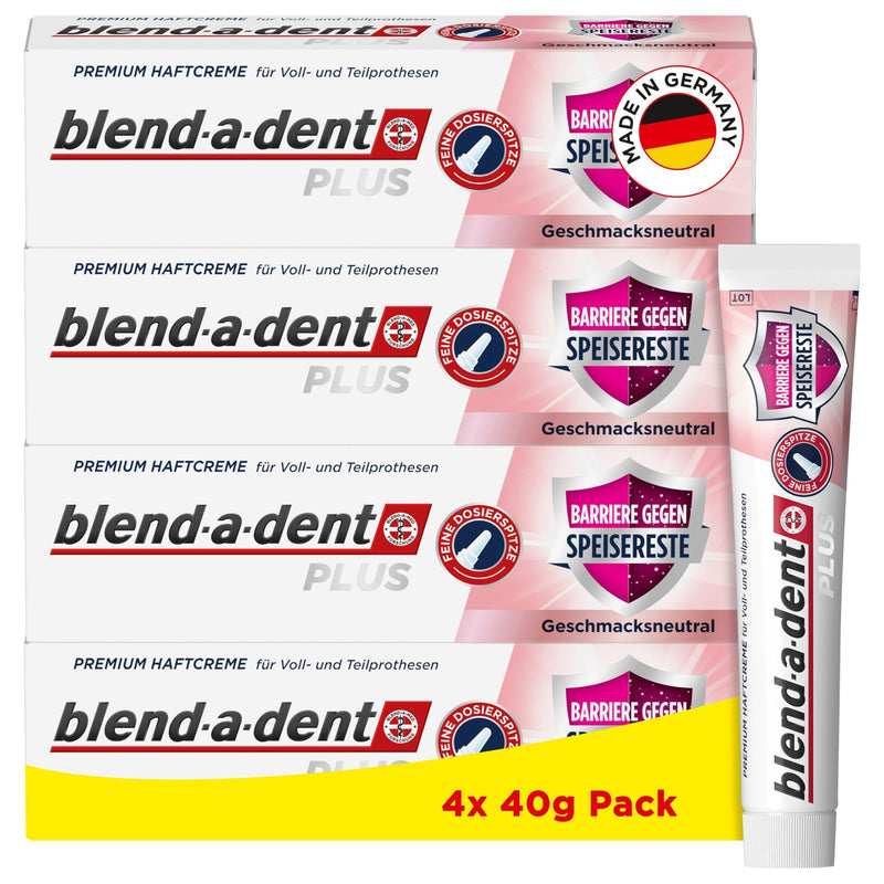[Australia] - Blend-a-dent Plus Barrier Against Food Residues Premium Adhesive Cream, for Full and Partial Dentures, Neutral in Taste, Made in Germany, 4x 40g Pack 
