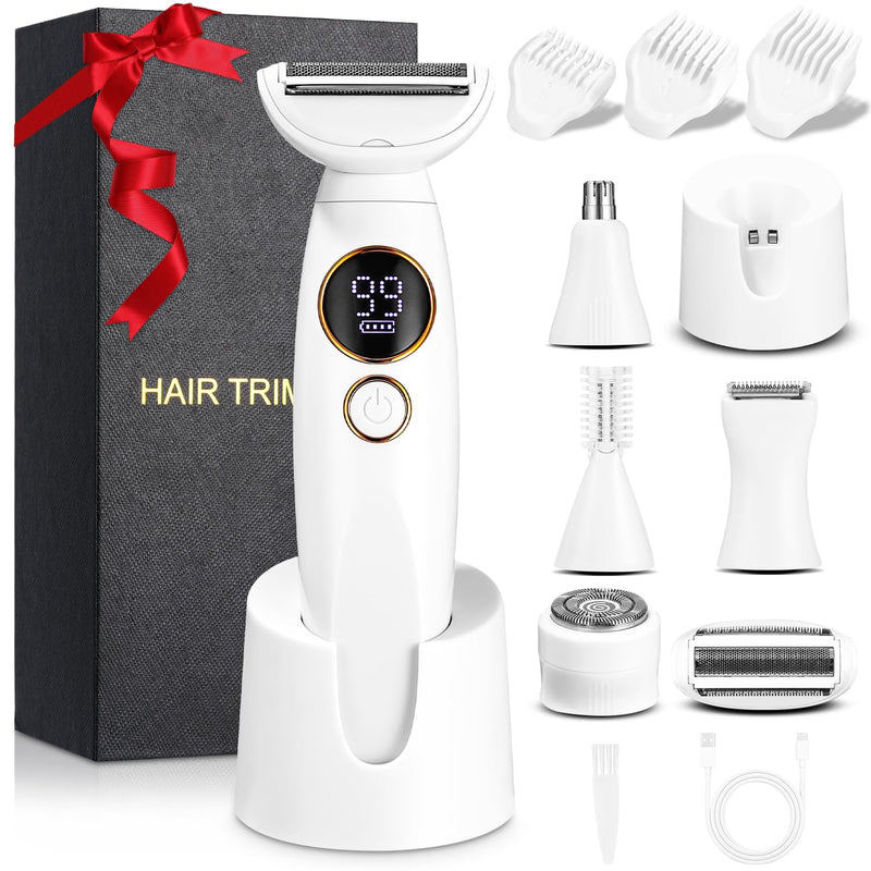 [Australia] - Women's razor, 5-in-1 intimate razor for women, women's electric razor, with USB charging station, women's electric razor, for body, armpits, bikini, eyebrows and nose, USB charging white 