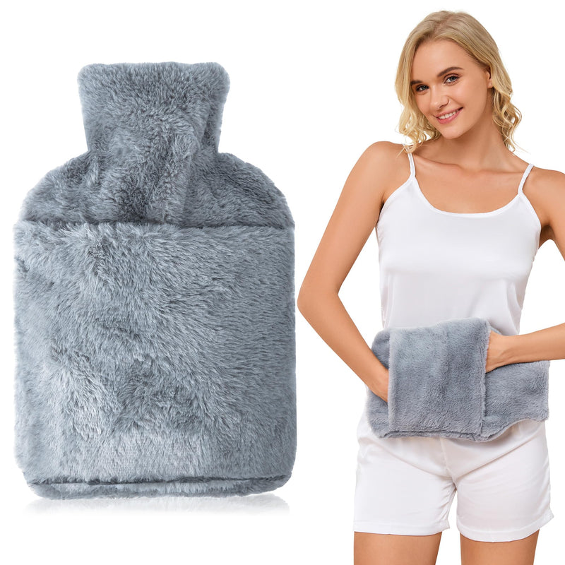 [Australia] - Hot Water Bottle, 2L Hot Water Bottle with Cover Large Fluffy Kangaroo, Thermophore with Leak-Proof Rubber, Hand Warmer for Children and Adults Hot Water Bottles for Back, Stomach Periods Pain Relief 2L Gray 