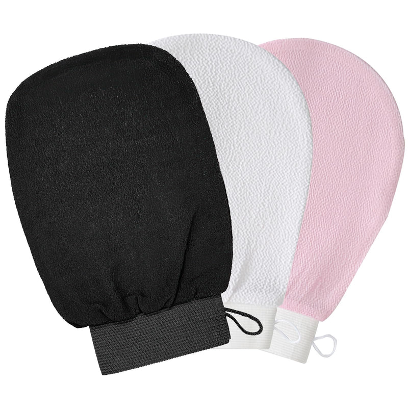 [Australia] - Pack of 3 peeling gloves, exfoliating gloves, washing glove, body shower glove, massage peeling glove, gloves for body and face - black, pink, white, black, pink, white 