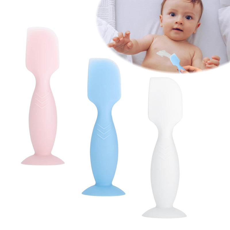 [Australia] - Pack of 3 Diaper Cream Spatula (pink, blue, white) diaper cream applicator, silicone diaper rash cream brush, soft spatula for baby bottom, baby bottom brush with suction cup stand, baby diaper cream spat 