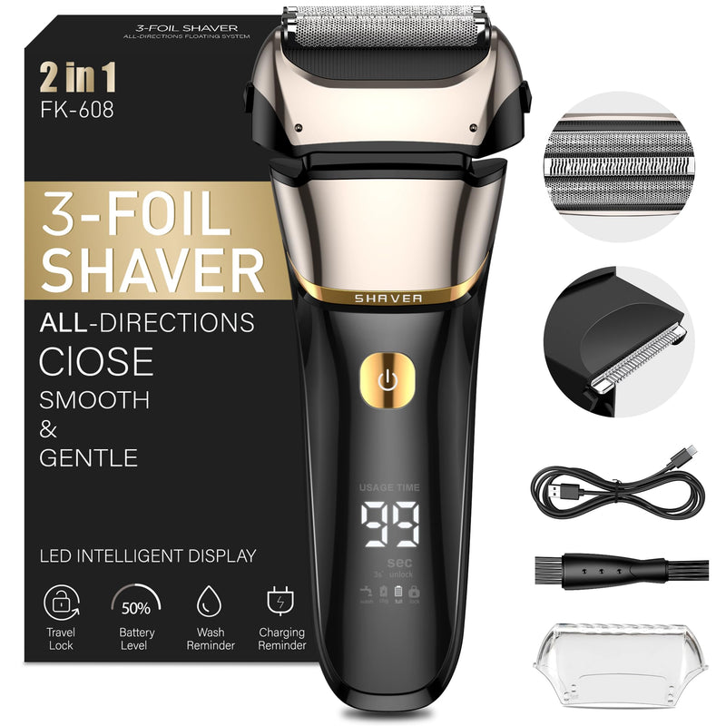 [Australia] - Foil Shaver Men's, 2-in-1 Electric Shaver Men's Rechargeable USB Shaver Men's Wet Shaver & Dry Shaver Razor Men's Electric 100 Min Running Time, Zero Gap Skin, IPX7 Washable Black-1 
