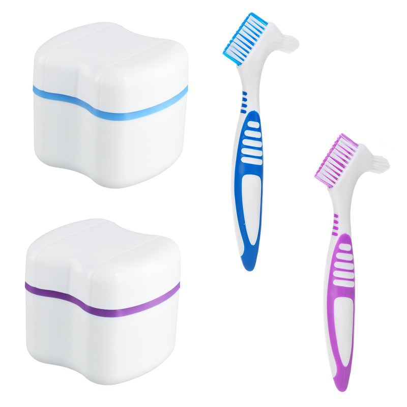 [Australia] - Pack of 2 denture cleaning brush, portable cleaning brush, 2 denture box, false teeth brush, denture brush, denture brush double head, denture toothbrush brush (purple, blue) purple 1 piece (pack of 4) 