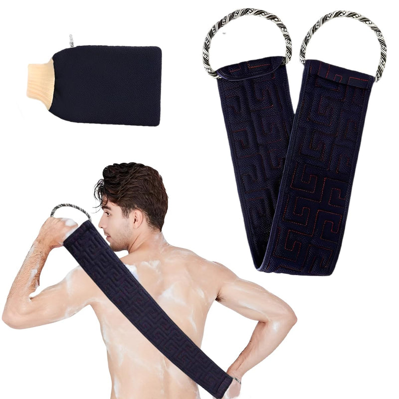 [Australia] - Back scrubber and peeling glove, exfoliating gloves, shower brush back, washing aid to remove dead skin, double-sided, 2 pieces of bath accessories for women and men, bath and shower (navy blue). 