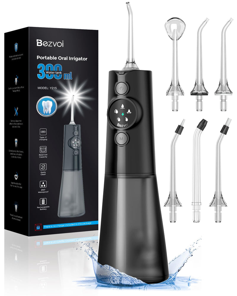 [Australia] - Bezvoi Oral Irrigator Wireless Teeth Cleaning Water Flosser: LED Display 5 Modes Dental Irrigator with 300ML Water Tank & 6 Nozzles, IPX7 Waterproof Oral Irrigator Oral Irrigator Test Winner (Black) Black 
