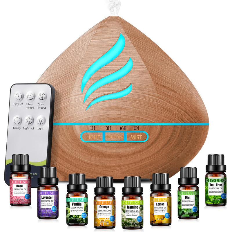 [Australia] - Essential Oil Diffuser 500ml with 8 Diffuser Oil, Aromatherapy Diffusers, Air Freshener, Humidifier with Remote Control, 4 Timers for Bedroom 