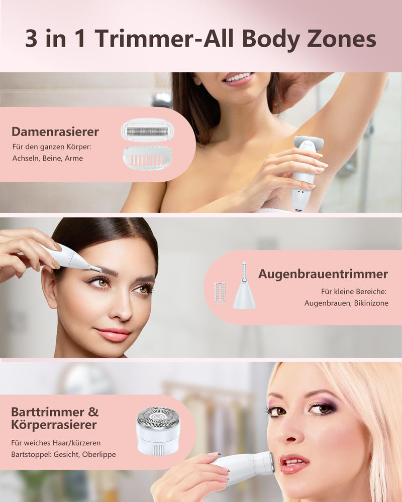 [Australia] - Women's razor, 3-in-1 intimate razor for women, facial hair remover for women, women's razor, electric wet-dry razor, IPX7 waterproof trimmer for women, for bikini area, armpits, legs, USB charging 