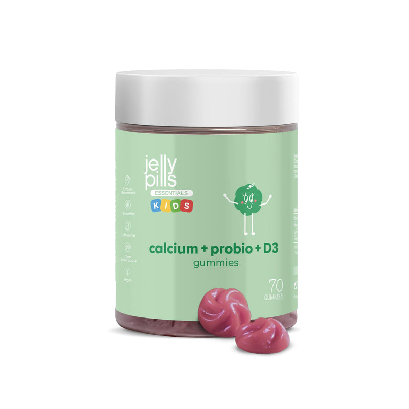 [Australia] - Jelly Pills® Kids Calcium & Probiotic Gummies with Vit D3 and K2 for Children - 70 Vegan Strawberry Flavored Gummies for their Bones, Muscles and Teeth - 1 Billion CFU - No Added Sugar - 2 Months 
