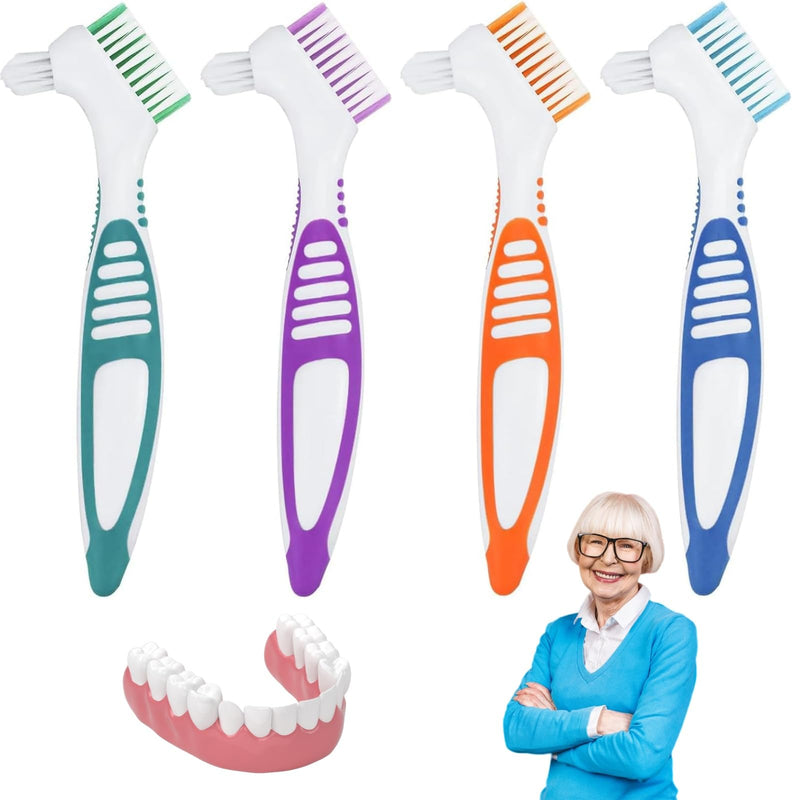 [Australia] - Denture Toothbrush, 4pcs Double Bristle Head Toothbrush, Denture Cleaner for Dental Care, Toothbrush for Dental Care, Multi-layer Bristles and Ergonomic Rubber Handle 