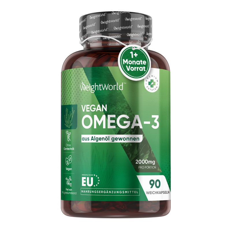 [Australia] - Vegan Omega 3 capsules - 2000mg algae oil provide 600mg DHA & 300mg EPA per day - 90 softgels - Heart, Brain, Vision & Blood Pressure (EFSA) - Free from magnesium stearate, gelatin & gluten - WeightWorld 