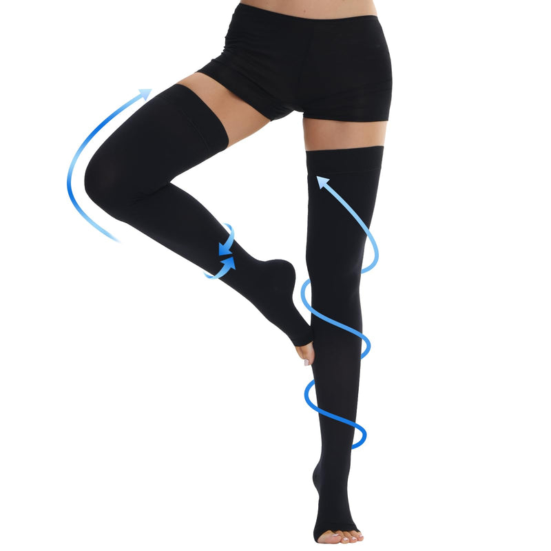 [Australia] - Ailaka Class 2 Medical Compression Stockings for Women and Men Open Toe Thigh High Graduated Compression with Silicone Band for Varicose Veins Edema Post Surgery X-Large (1 Pair) Black 