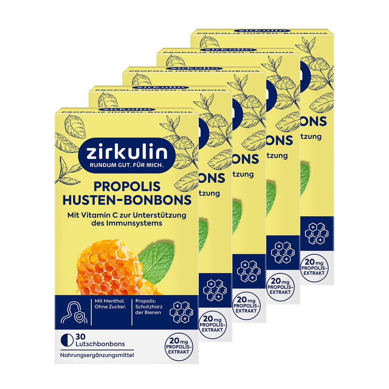 [Australia] - Zirkulin Propolis throat and cough sweets (5x 30 pieces) - 20mg propolis per sweet - with valuable vitamin C & menthol - honey orange flavor - soothing lollipops - without sugar 