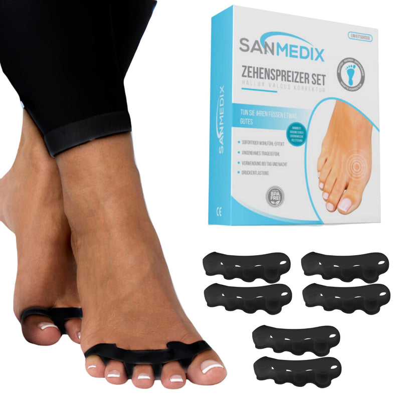 [Australia] - Sanmedix toe separators for all toes - 3 pairs / 6 pieces. Silicone toe separators for men and women - toe extension correction set against hallux valgus, bunions, hammer toes black 