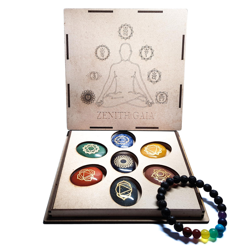 [Australia] - Zenith Gaia Premium Chakra Stones Set with Bracelet - Handmade 7 gemstones with engraving - 100% natural stones in an elegant wooden box - Chakra healing stones set for spiritual balance and energy work 