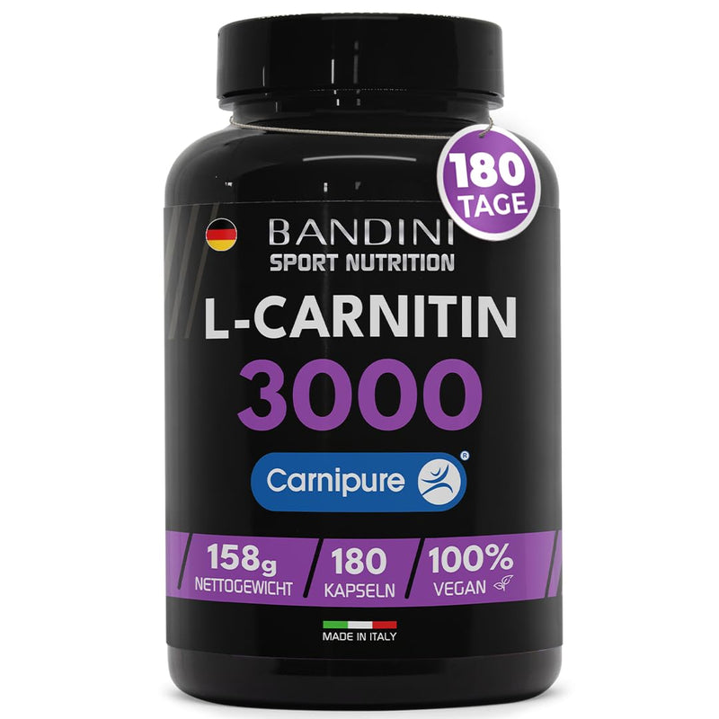 [Australia] - Bandini® L-CARNITIN Carnipure® 3000, 180 capsules, L-Carnitine, pure carnitine sports supplement, toning, energy and muscle regeneration, improves athletic performance, vegan carnitine 