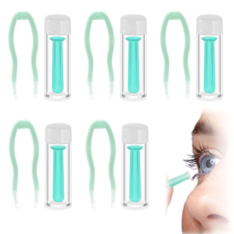 [Australia] - EnixwH Pack of 5 Contact Lens Insertion Aids, 5 Tweezers and 5 Storage Bottles, Contact Lens Sucker, Contact Lens Remover, Silicone Contact Lens Suction Cup for Soft Hard Lenses (Green) 
