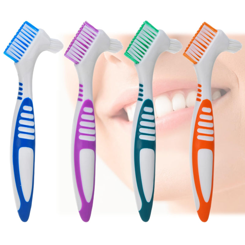 [Australia] - Pack of 4 Denture Cleaning Brush, Double Head Toothbrushes for Cleaning, Portable Denture Cleaning Brushes, Denture Brush with 2 Tongue Cleaners, Multi-Layer Bristles and Ergonomic Rubber Handles 