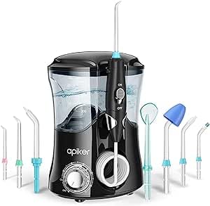 [Australia] - Apiker electric oral irrigator for dental cleaning between teeth, professional water flosser with stepless water pressure adjustment, 600 ml water tank, 8 different functional nozzles - black, elegant black 