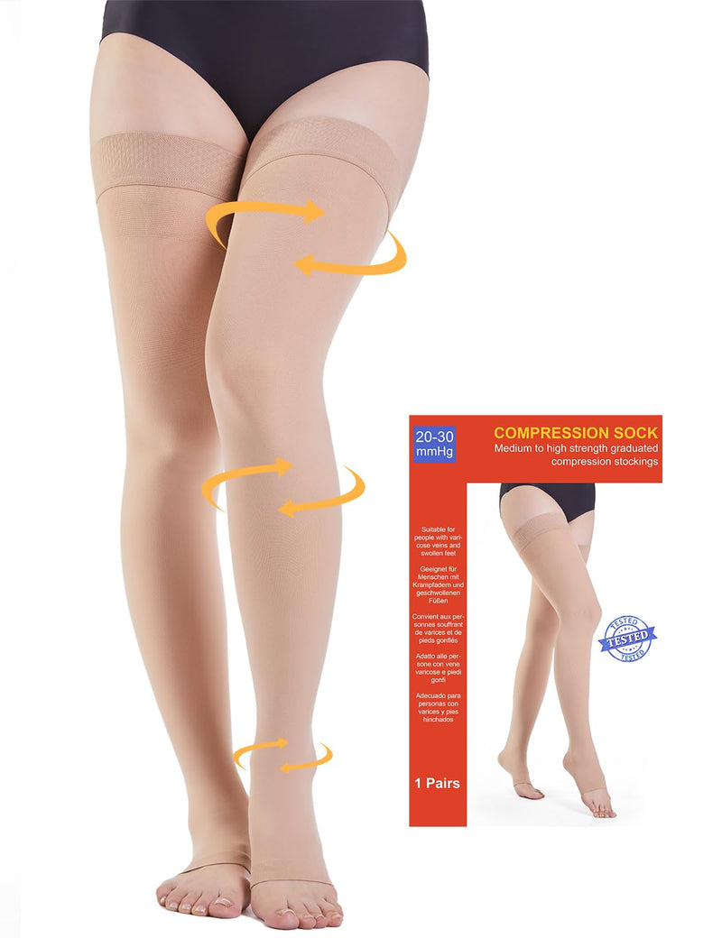 [Australia] - 20-30 mmHg Medical Compression Stockings Women & Men Class 2, Open Toe Long Support Stockings Thrombosis Stockings with Silicone Band for Varicose Veins Edema Flight L Beige 