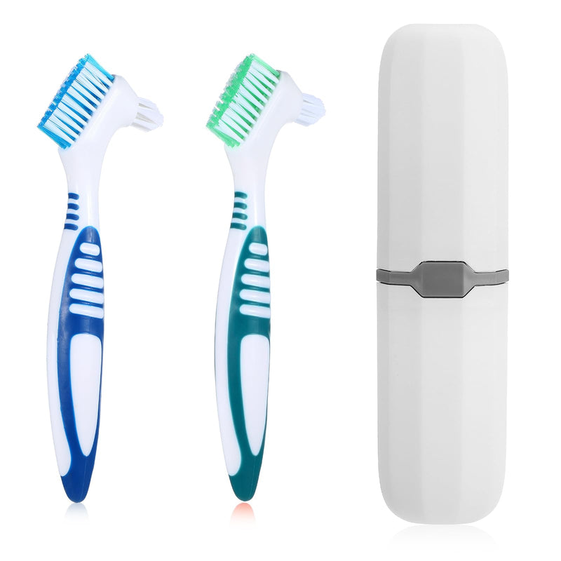 [Australia] - YUXIANLB Set of 2 Denture Cleaning Brushes Denture Toothbrushes Denture Cleaning Brush with White Case Multi-Layer Bristles & Ergonomic Rubber Handle for Denture Care Green & Blue 