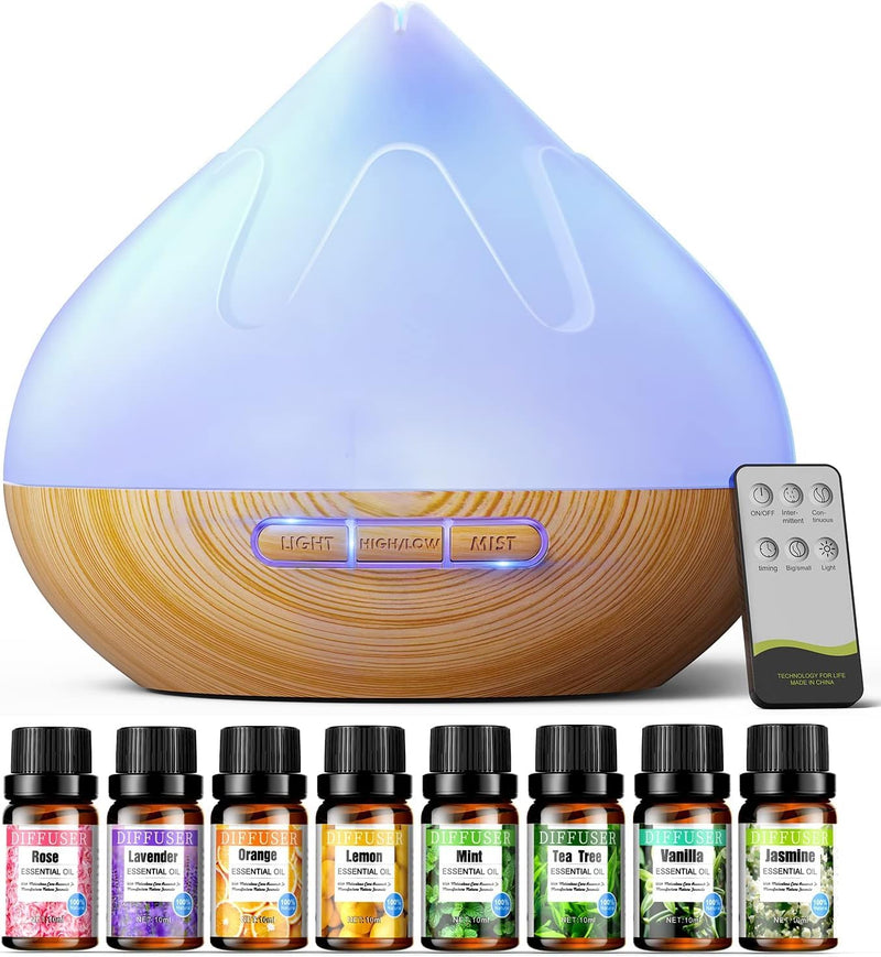 [Australia] - Aroma diffuser set for essential oils 500 ML, 8 x 10 ML essential oils, aromatherapy diffuser with remote control, 14 colors LED with 4 timer settings 
