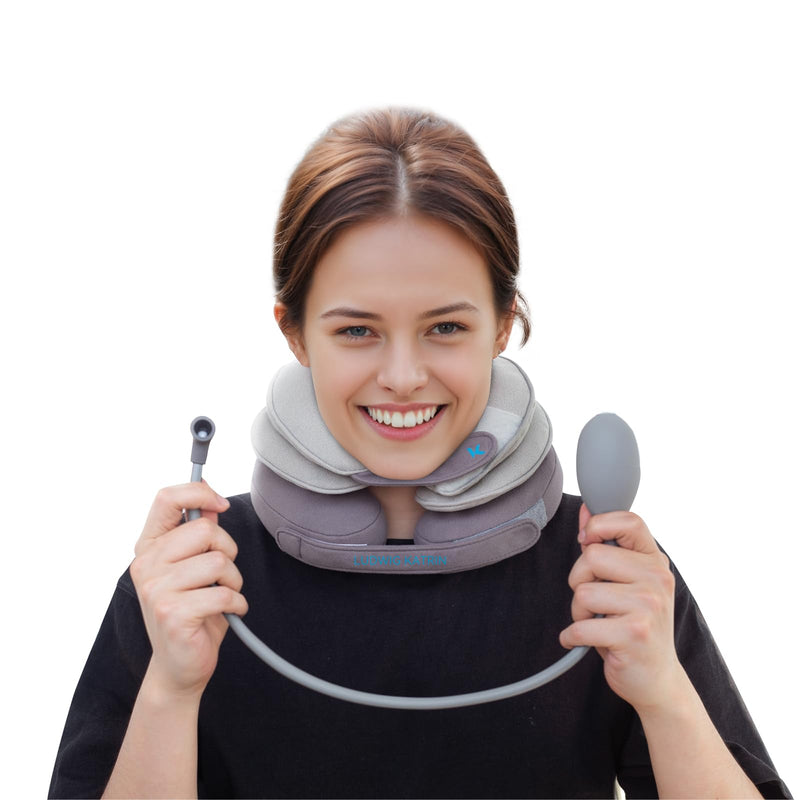 [Australia] - Tech Love Adjustable neck stretcher, inflatable neck brace for humans with removable air pump, for pressure relief in the cervical spine, provides neck support, neck saver for at home and on the go. Gray 