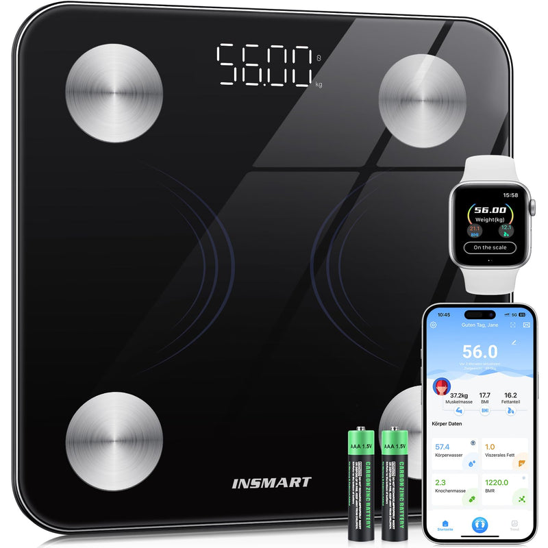 [Australia] - INSMART digital personal scales, people scales with Bluetooth, body fat scales for BMI, weight, body fat, pulse rate, muscle mass, water, protein, skeletal muscle, bone weight, BMR, etc. Black 