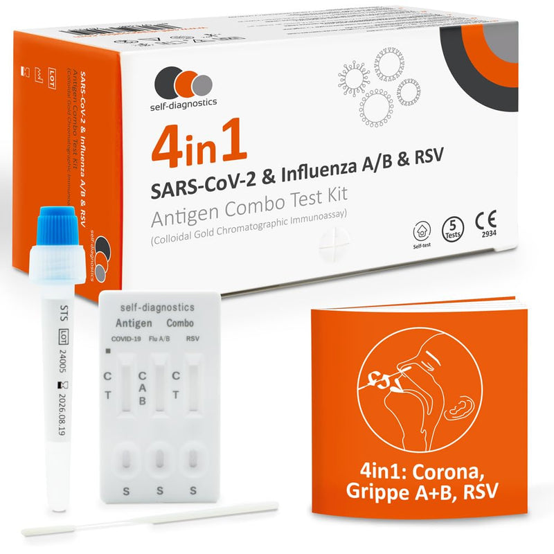 [Australia] - self-diagnostics 4in1 antigen rapid test for laypeople | Test for RSV, COVID-19, Influenza A & B | Pack of 5 – certified home test for the whole family 