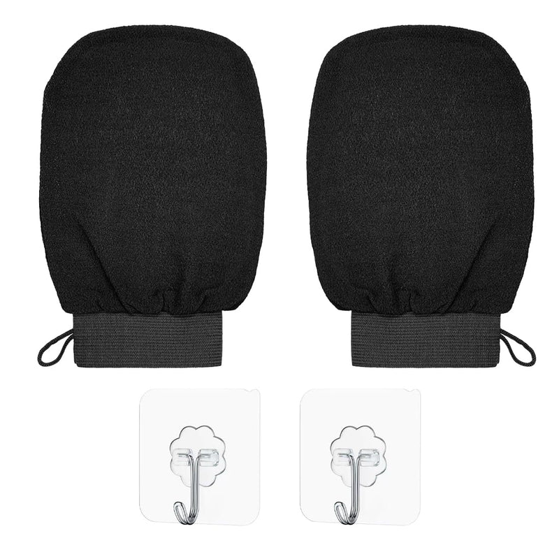 [Australia] - Pack of 2 peeling gloves + 2 transparent hooks, exfoliating gloves, body peeling gloves, hammam gloves for body and face, peeling gloves for men and women (black) 