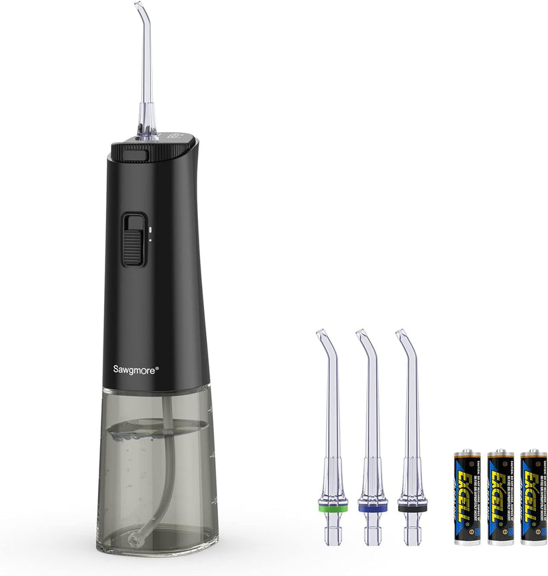 [Australia] - Sawgmore Oral Irrigator Wireless, Electric Tooth Cleaner with 4 Nozzles, 360° Rotating IPX6 Waterproof Battery Operated Interdental Cleaner for Travel/Family 220ML (Black) Black 